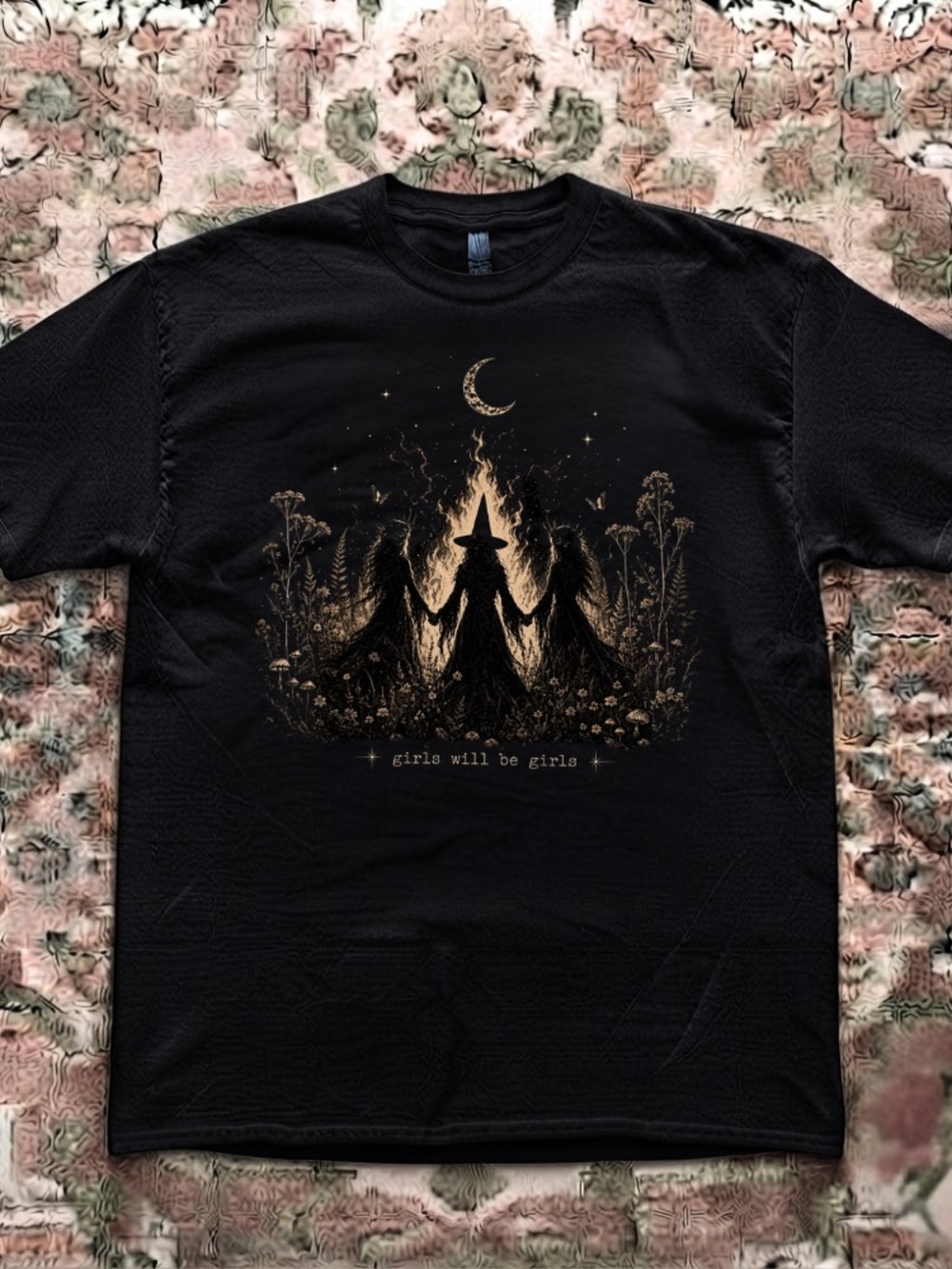 Girls Will Be Girls Witch Coven Moon Stars Forest Vintage Black T-Shirt